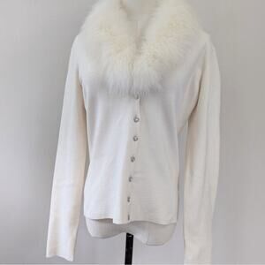 Vintage Y2K Coquette Cache Real Fur Collar Embellished Silk Cardigan Sweater EUC